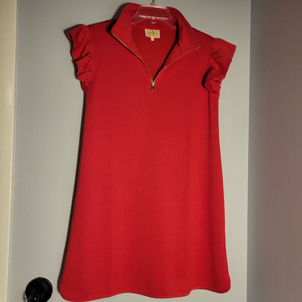 Red Ruffle Sleeve Midi Dress with Zip Collar